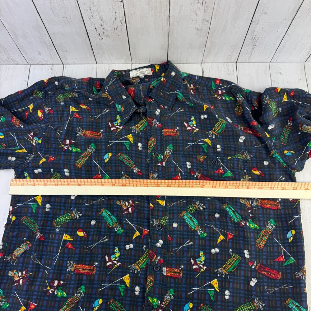 VTG 80's Snow Blue Plaid Washable Silk Golf Clubs Short Sleeve Shirt Size XL - Picture 11 of 13